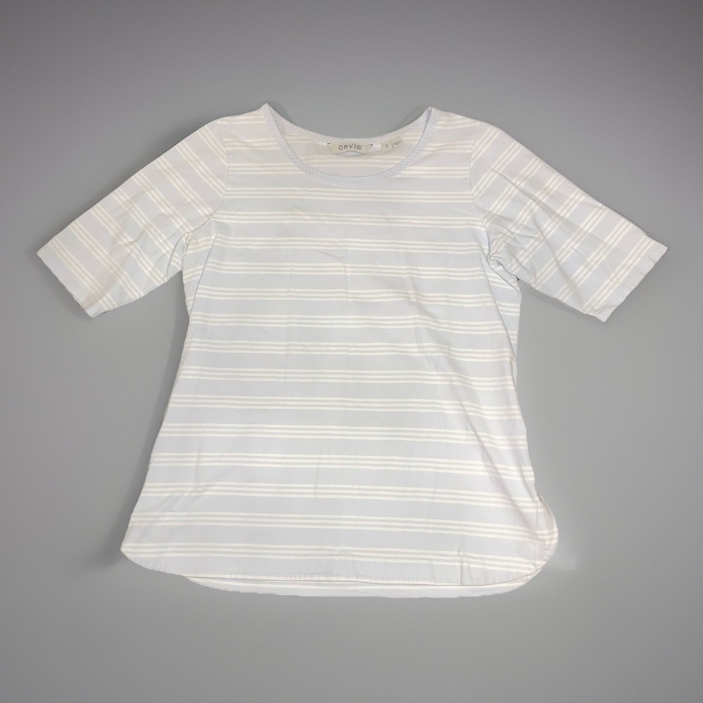 Orvis Light Blue White Striped Short Sleeve Knot Top Womens Size Small